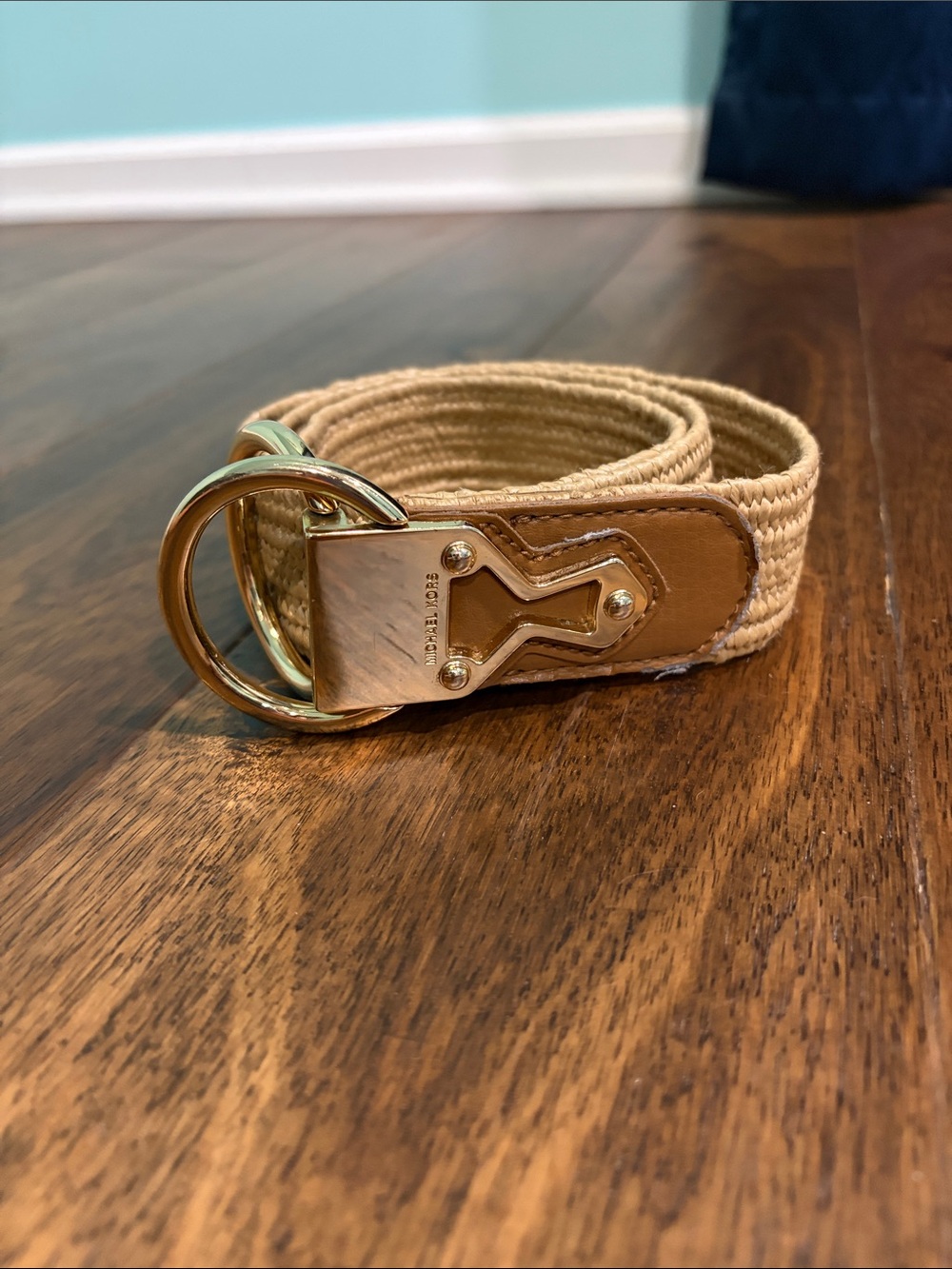 Michael Kors Beige Woven Belt with Gold Hardware